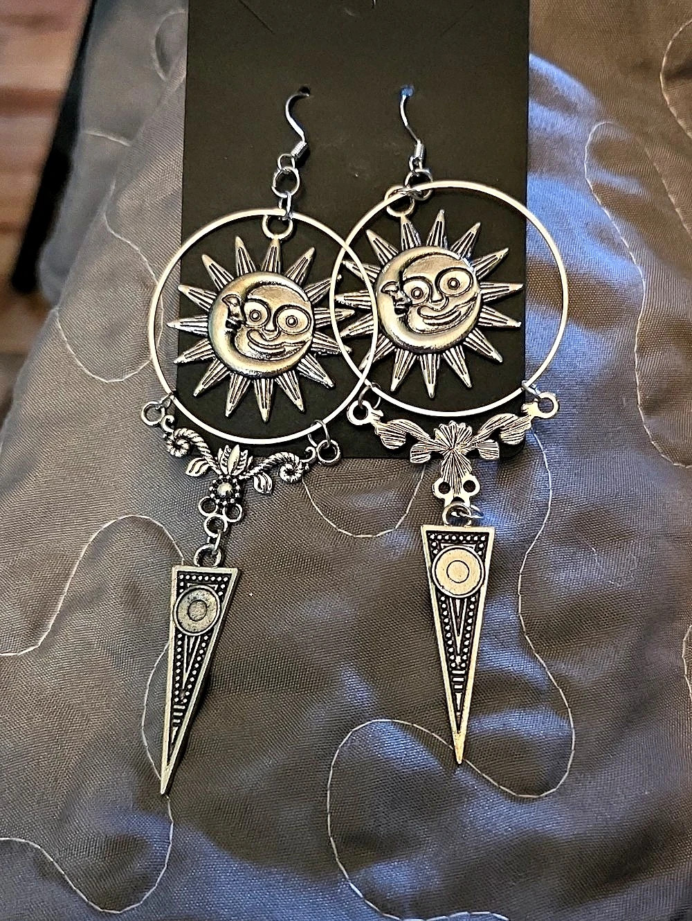 Sun Face Statement Dangle Earrings in Silver & Black